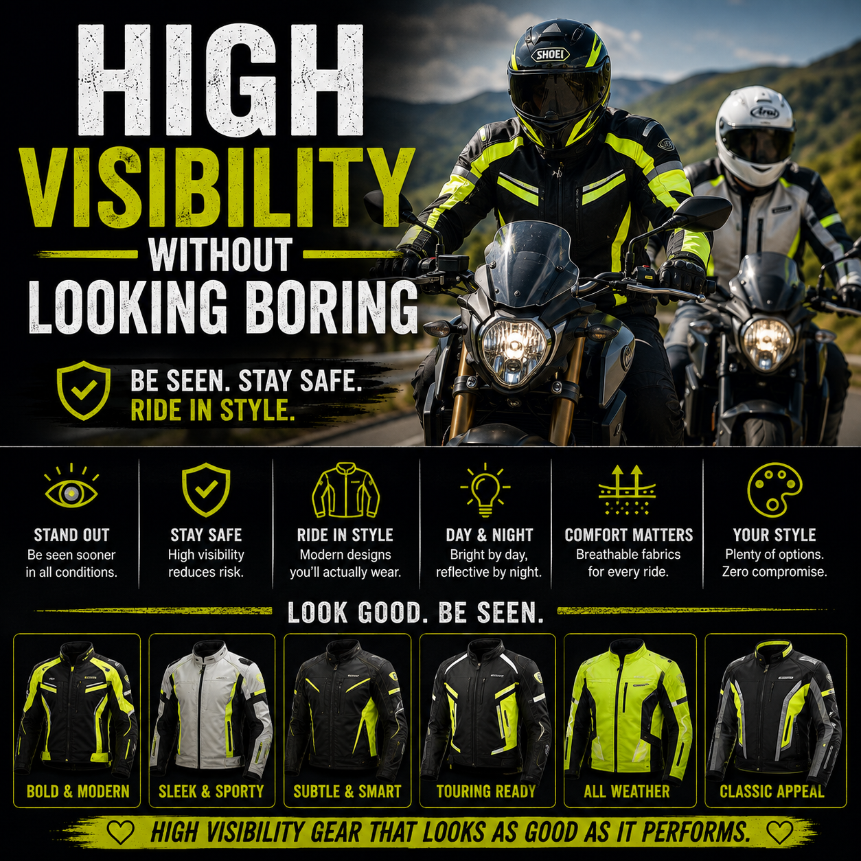A rider in a stylish high-visibility jacket with reflective detailing, standing next to a motorcycle on a country road