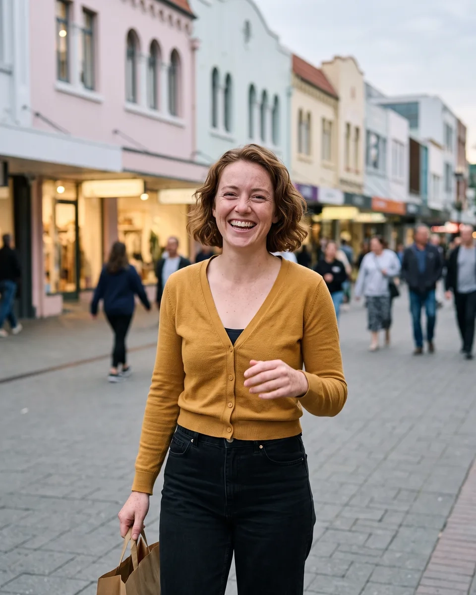 A woman with short wavy auburn hair in a mustard cardigan walks laughing along a pedestrian street of pastel Spanish Mission style buildings in Christchurch in the early evening (AI-generated image)