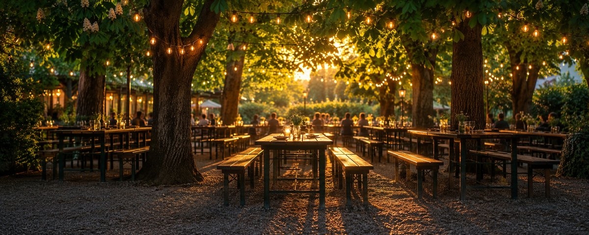 Long shared tables and benches in a beer garden under chestnut trees, lit by string lights at golden hour
