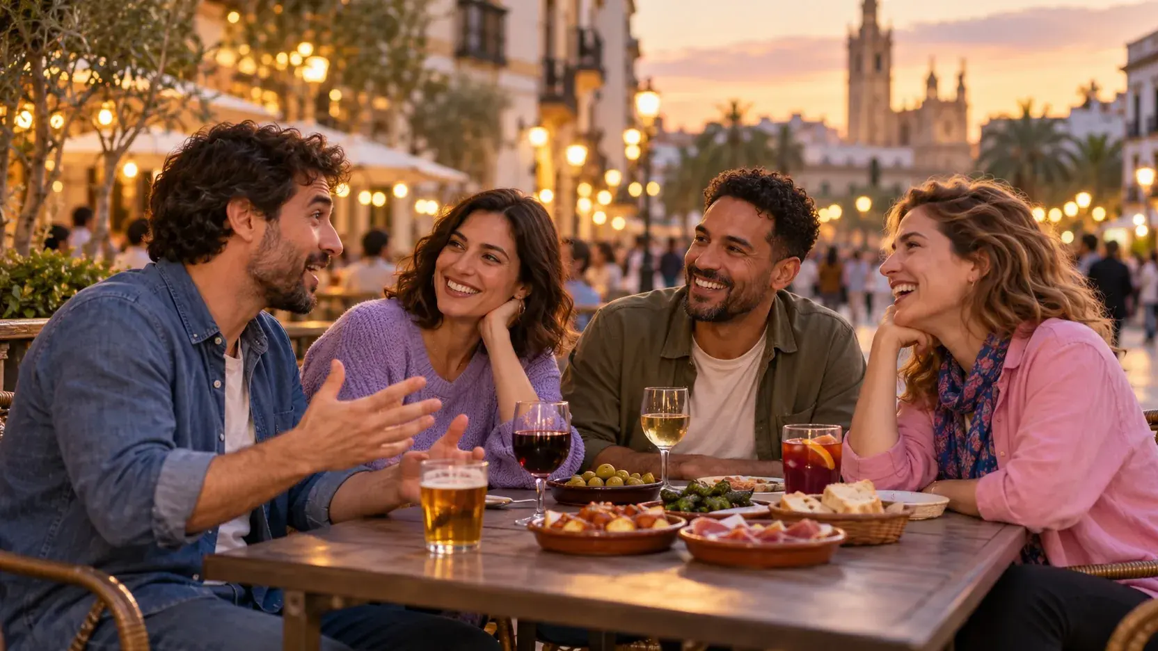 Grupo de cuatro personas adultas charlan y ríen en la terraza de un bar de tapas al atardecer