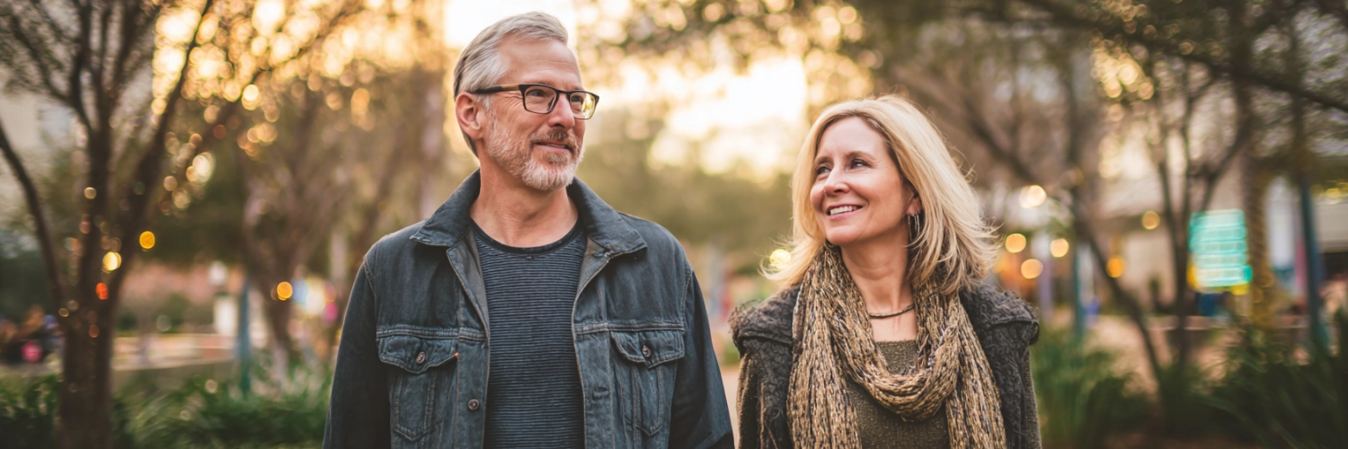 A scenic view of Houston's skyline at sunset, representing love and connection for individuals over 50 seeking meaningful relationships in the vibrant city.