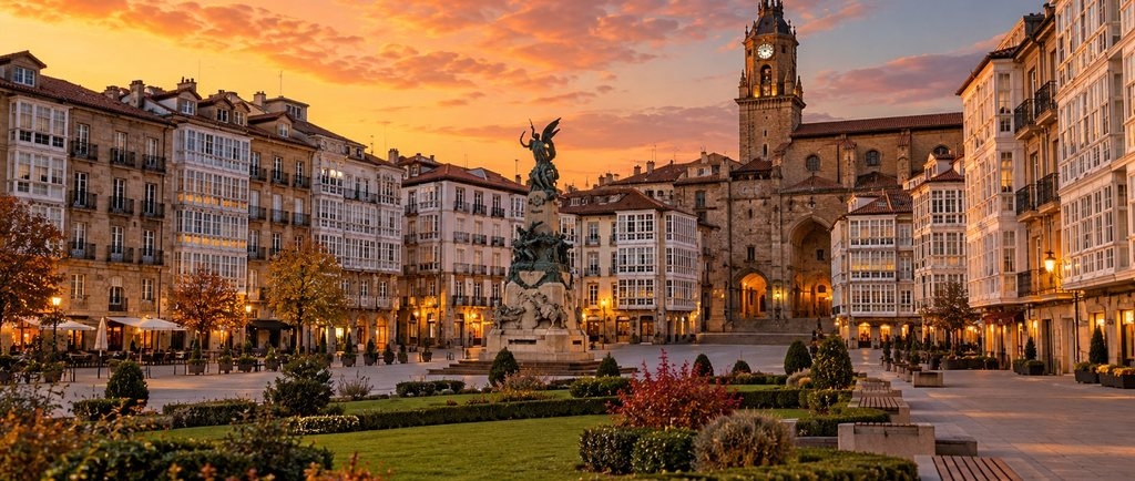 La plaza de la Virgen Blanca de Vitoria-Gasteiz al atardecer — citas lesbianas en Vitoria