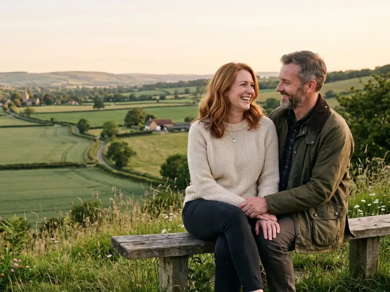 A couple sitting together on a wooden bench, looking out over rolling farmland