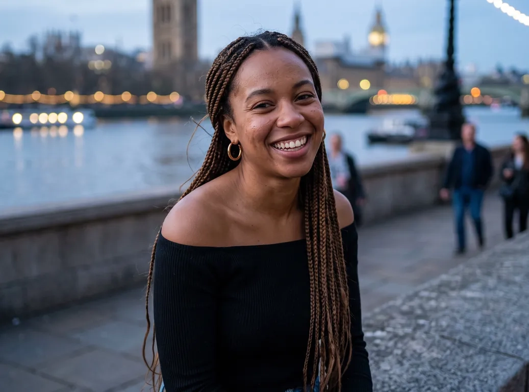 A woman with long box braids over one shoulder, a black off-the-shoulder top and gold hoops smiles at the camera on the South Bank at blue hour, the Thames and the Houses of Parliament behind her (AI-generated image)
