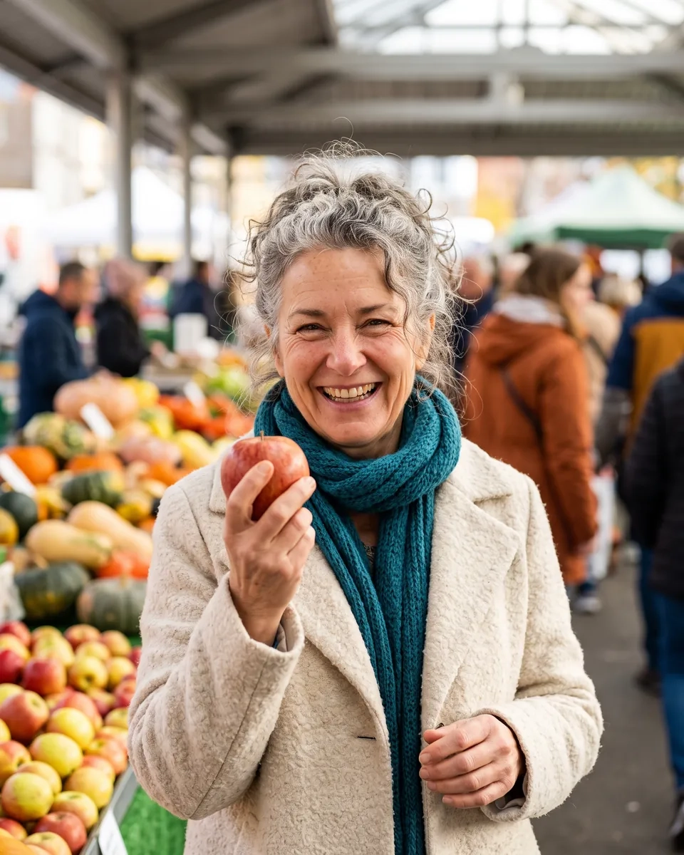 A woman in her early sixties with curly grey hair and a teal scarf holds up a red apple and laughs at a covered market with stalls of apples and squash (AI-generated image)