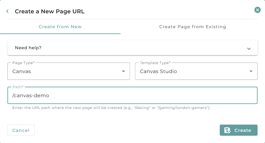 The Create a New Page dialog with Page Type set to Canvas, Template Type set to Canvas Studio, and a path of /canvas-demo.