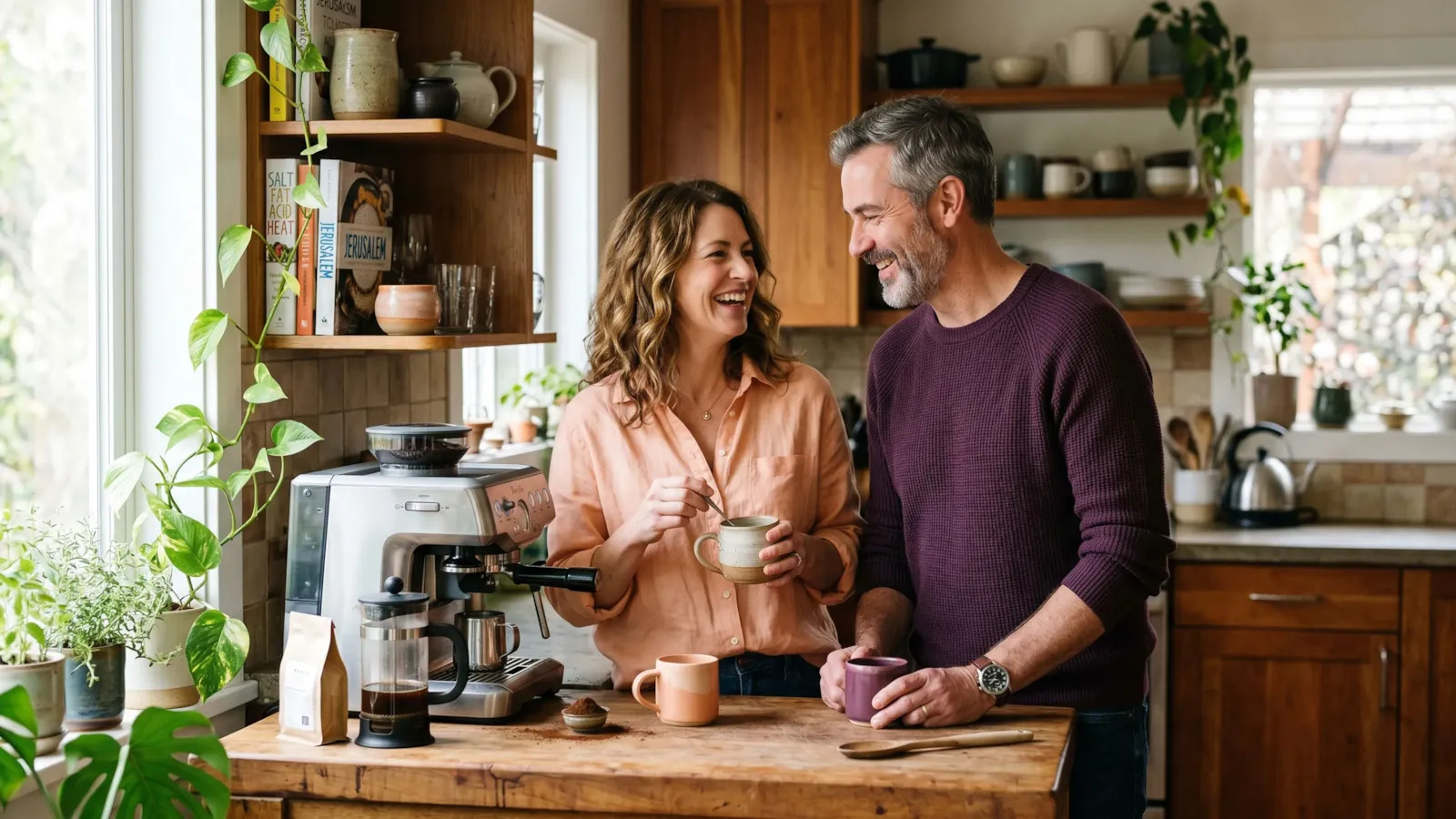 A relaxed couple laughing together while making coffee in a calm, sunlit kitchen