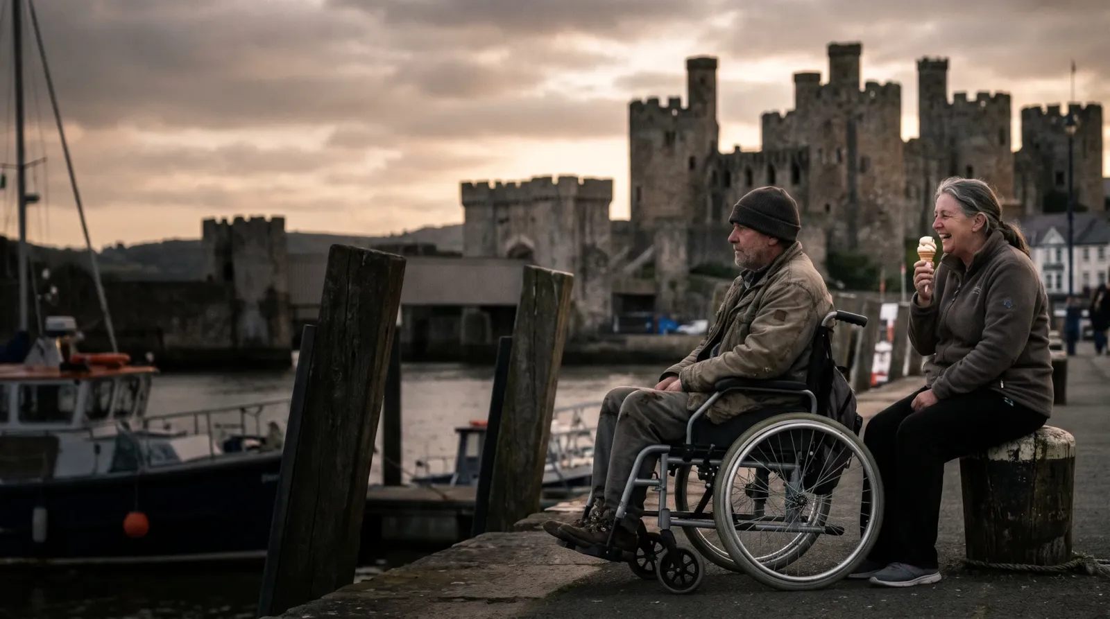 A couple on Conwy quay with the castle behind them; the man is a wheelchair user and the woman has an ice cream