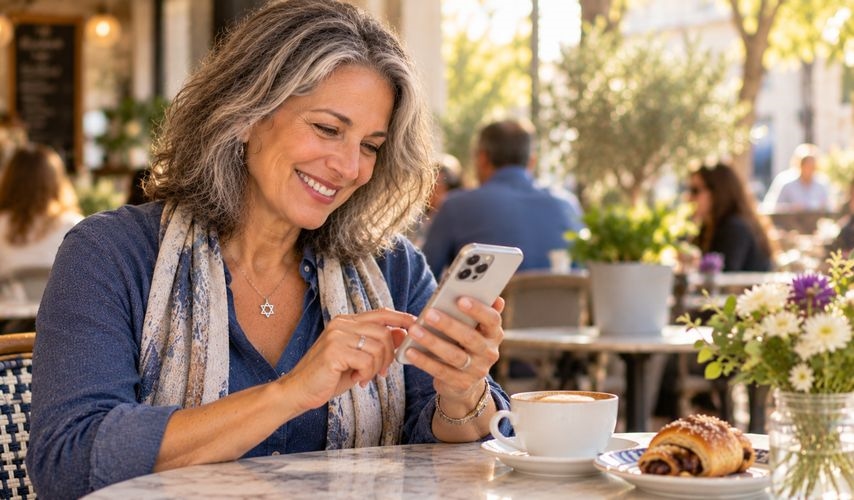 Smiling woman in her fifties looking at her phone at a cafe table with coffee and pastries