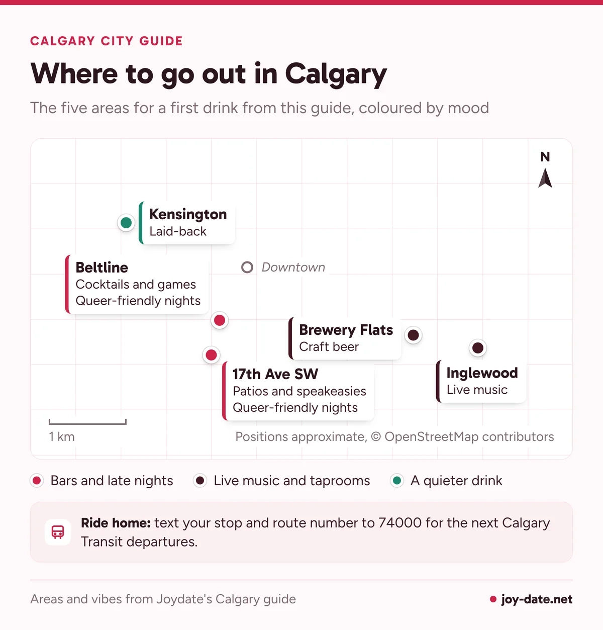 Map of Calgary first-drink areas: 17th Ave SW and the Beltline for bars, Inglewood and Brewery Flats for music and beer, Kensington