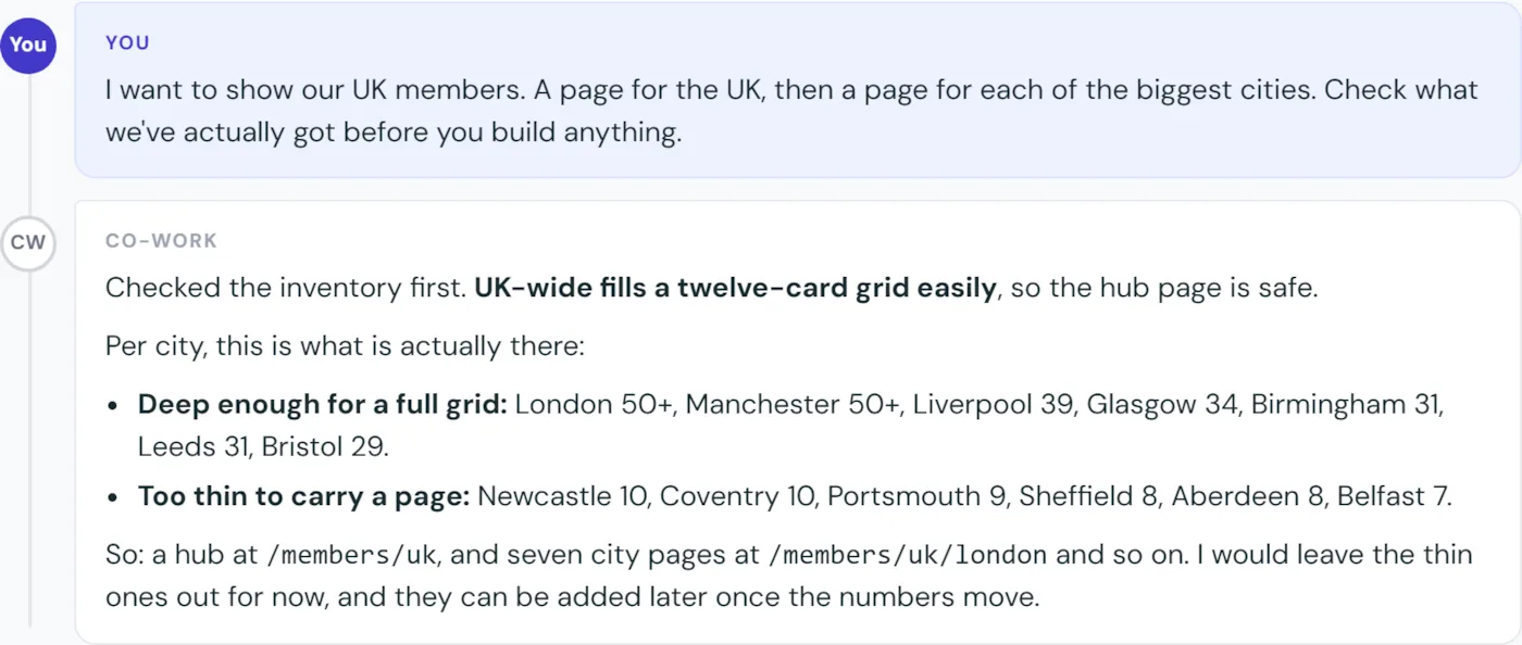 A real exchange: the partner asks for a UK members page and city pages, and Co-Work replies with the member counts per city and a proposed structure.