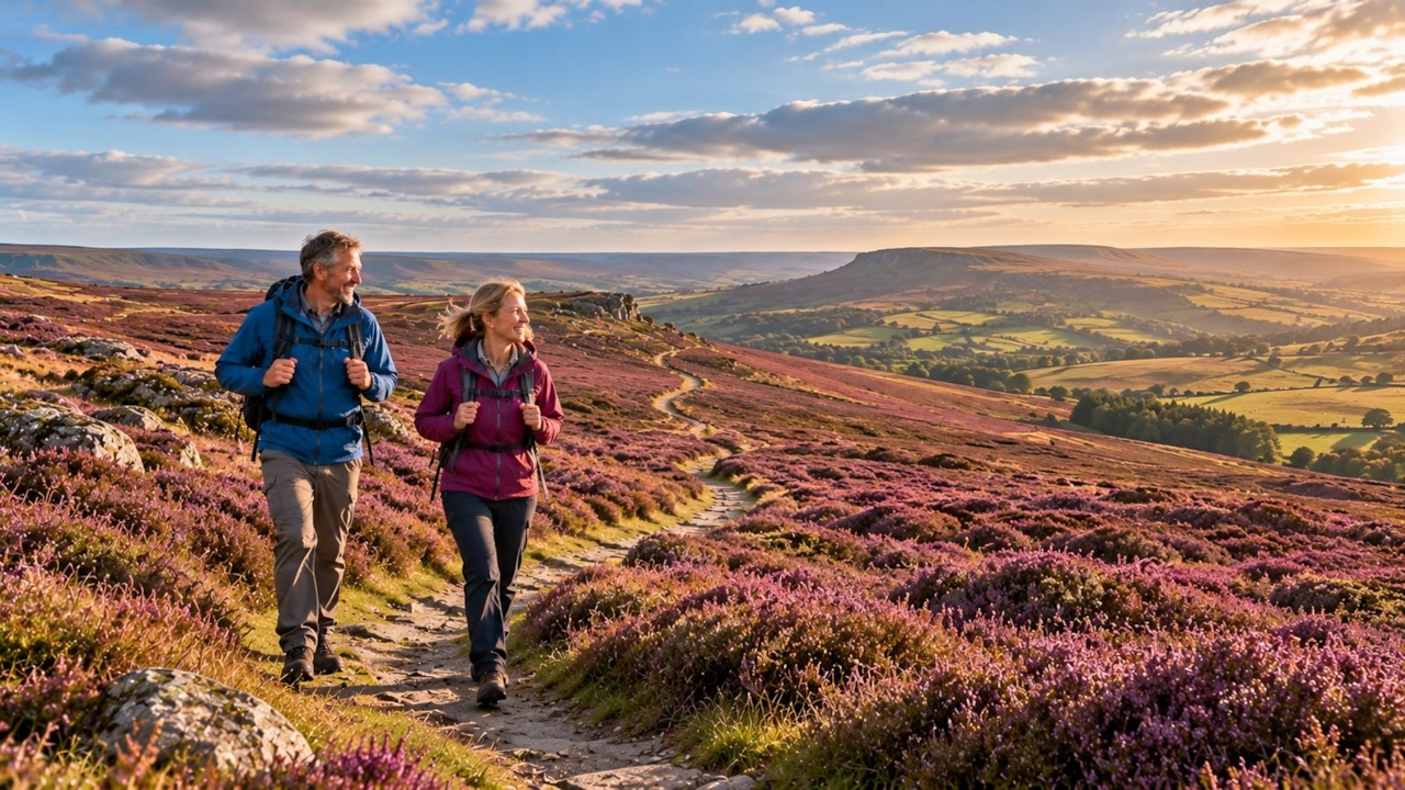 Two walkers on a purple heather moor in the North York Moors under a wide sky