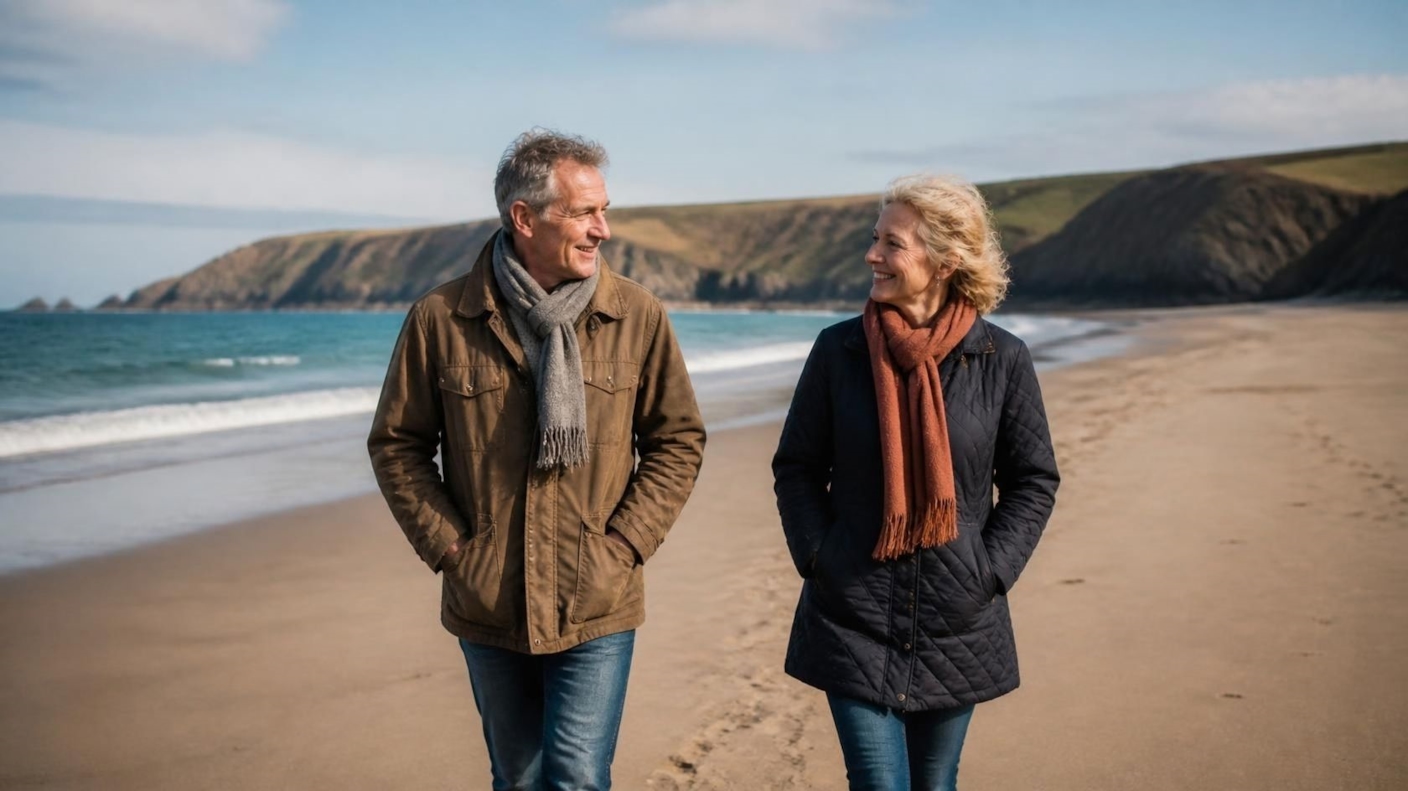 A couple walking and talking on a quiet Cornish beach