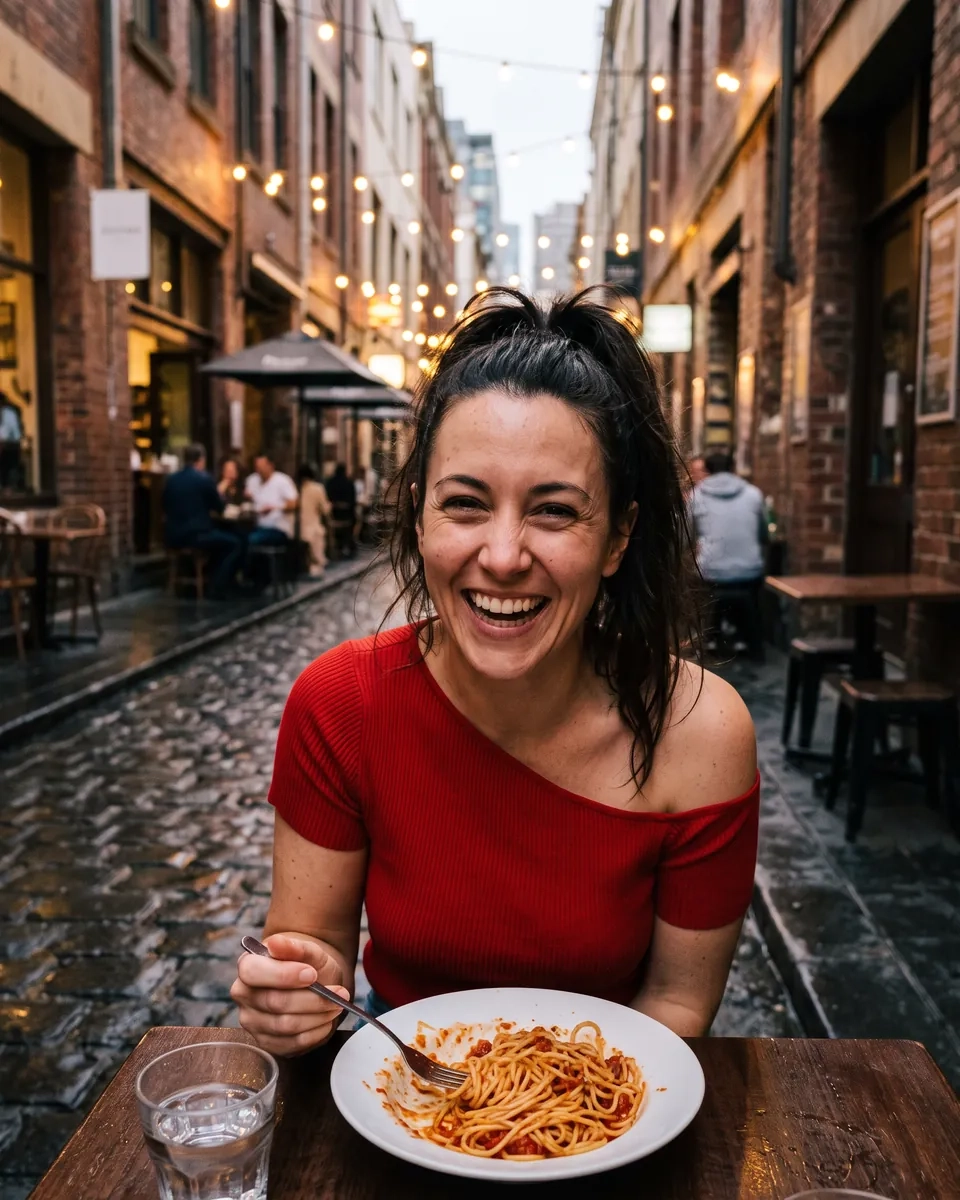 A woman with a high dark ponytail and a red off-the-shoulder top laughs over a plate of pasta at an outdoor table in a cobbled Melbourne laneway strung with lights (AI-generated image)