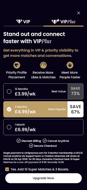 The VIP+ upgrade screen, leading on placement and visibility.