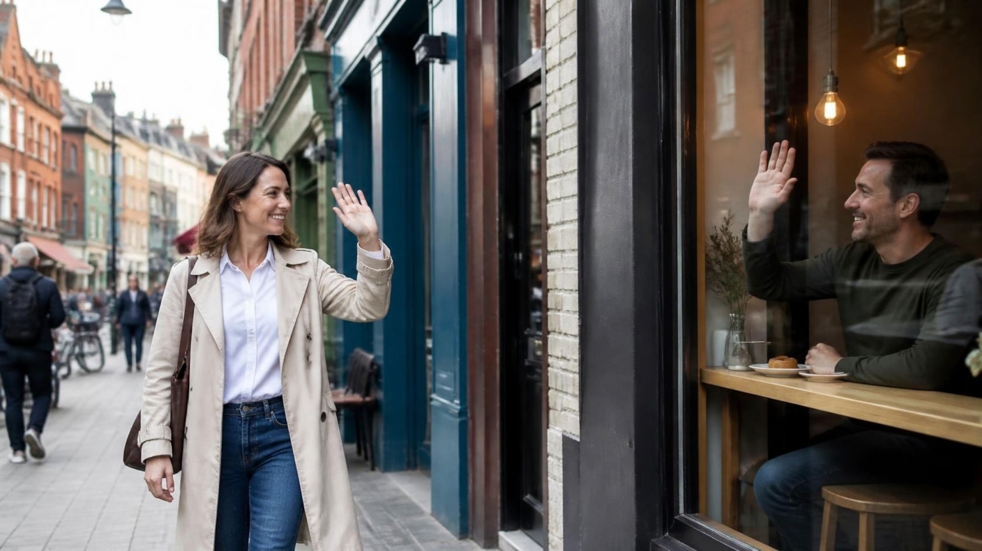 A woman waving hello as she arrives at a busy café on a city street