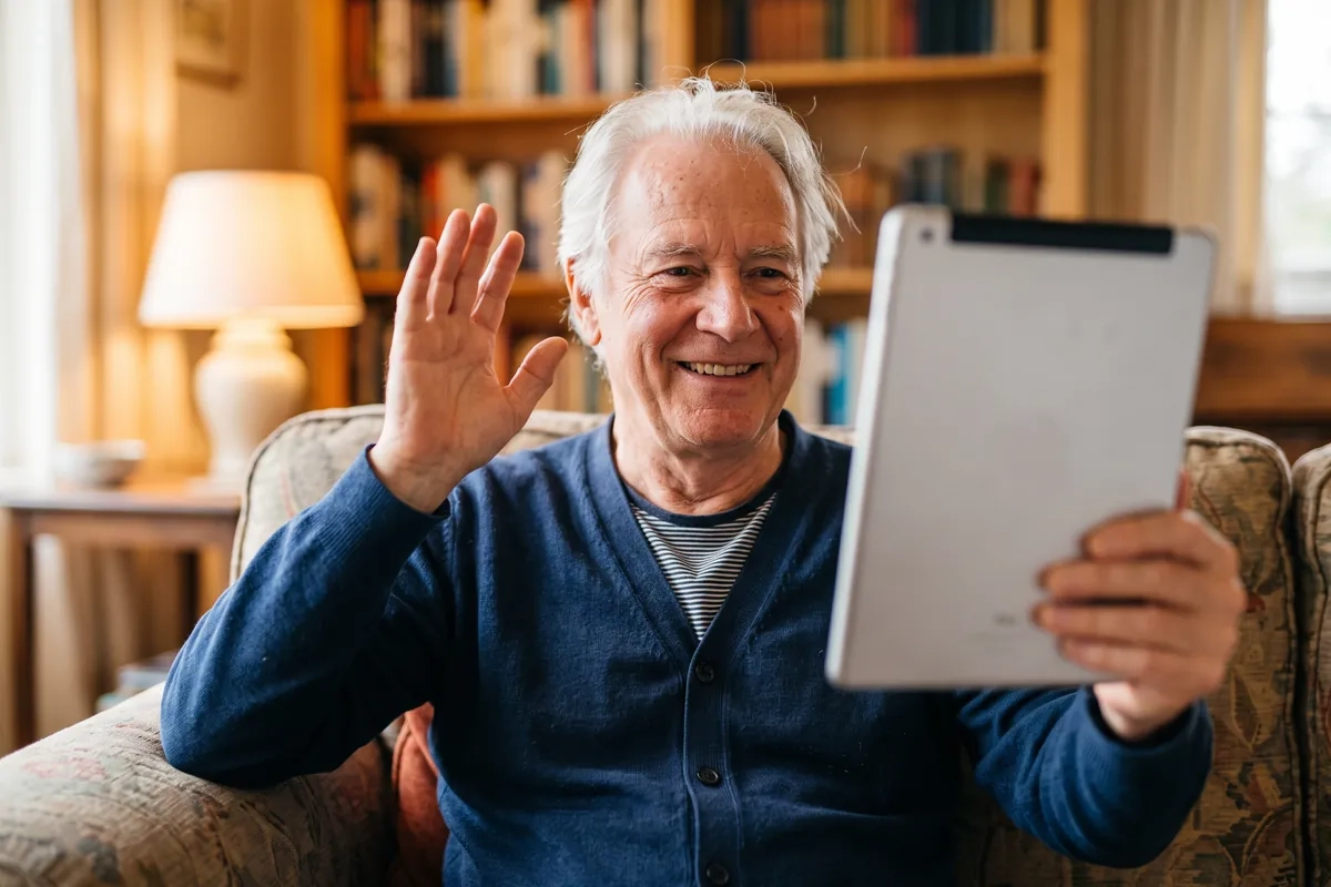 A man in his late sixties with white hair and a navy cardigan smiles and waves at a tablet during a video call on his sofa in a cosy, lamp-lit living room (AI-generated image)