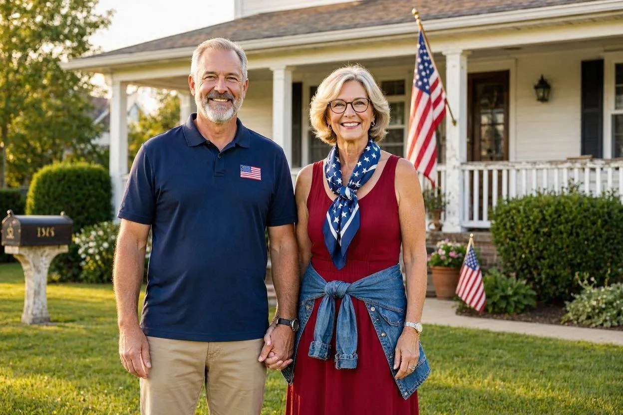 Illustrative photo, not an actual member. A couple standing together in front of a home with an American flag.