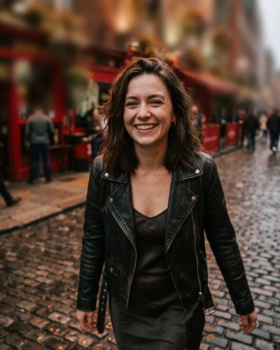 A woman with long dark hair and a black leather jacket laughs on a wet cobbled street in Temple Bar at night, red pub fronts glowing softly behind her (AI-generated image)