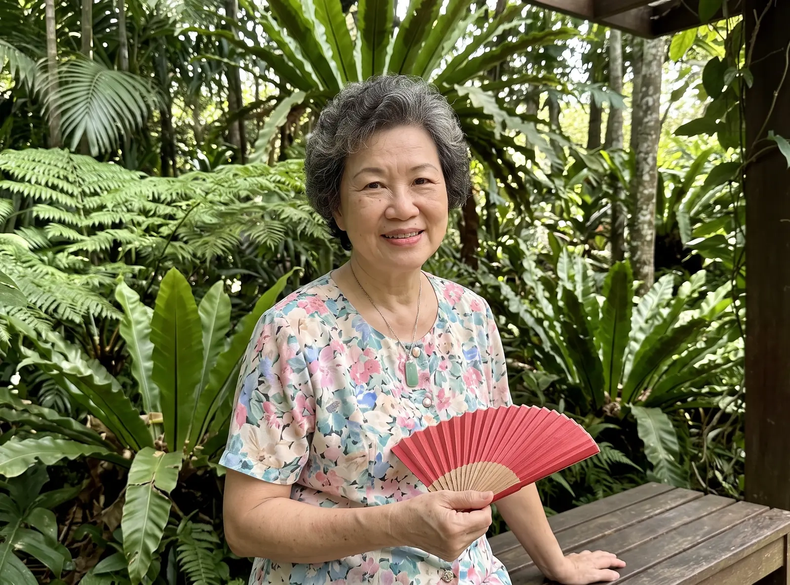 A woman in her sixties with short grey-black hair and a floral blouse smiles with a red paper fan on a shaded bench among tropical ferns (AI-generated image)