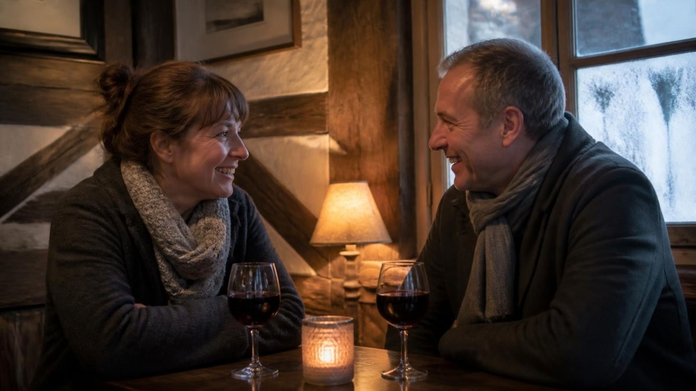A couple sharing a drink at a table in a cosy pub, lit by a warm lamp