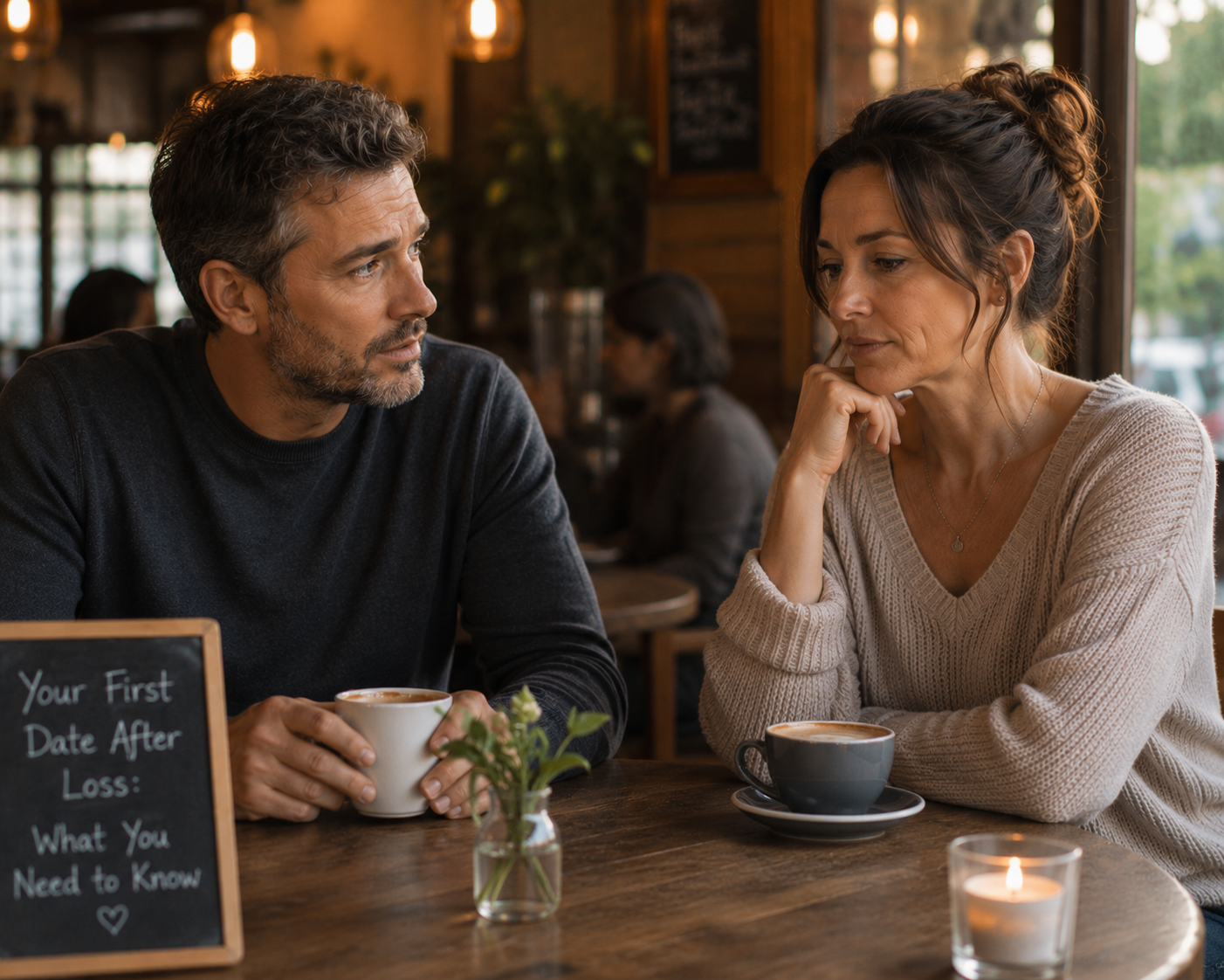 A man and woman sit talking over coffee at a café table, a small chalkboard sign beside them reading 'Your First Date After Loss: What You Need to Know'