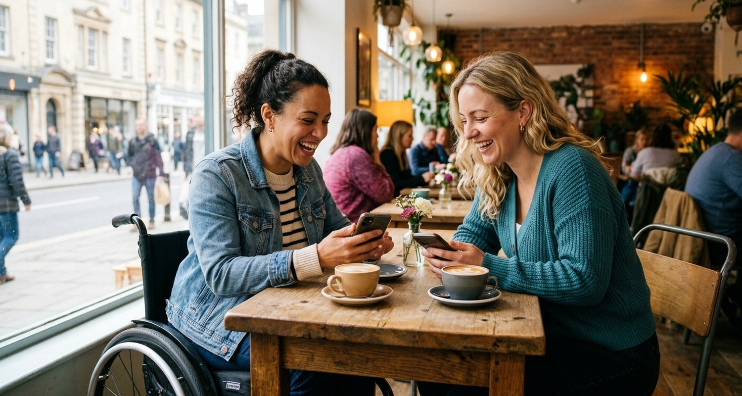 Two friends laughing together at a cafe table while comparing dating apps on their phones, one of them a wheelchair user