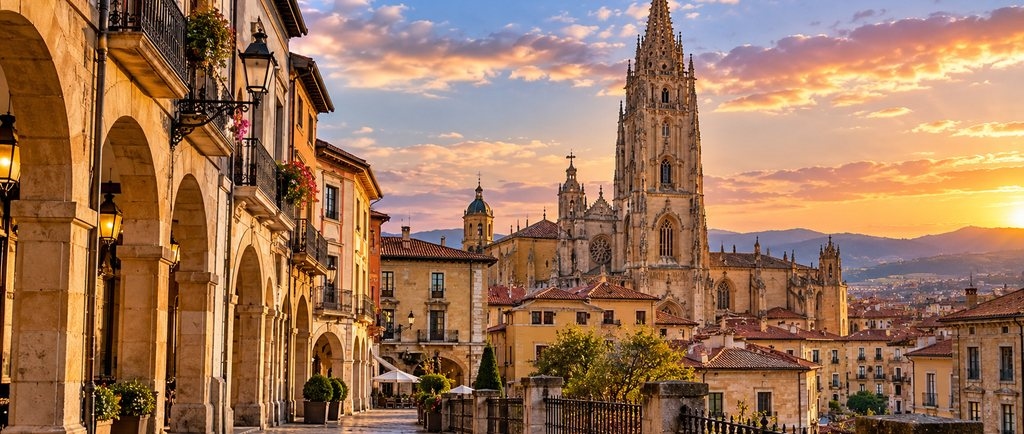 Casco antiguo de Oviedo con la torre de la catedral al atardecer — citas lesbianas en Oviedo