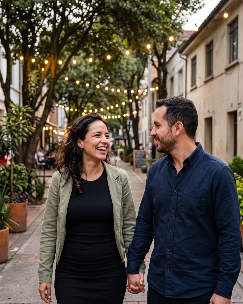 Una pareja pasea de la mano y ríe por una calle peatonal arbolada de Bogotá al anochecer, con luces colgadas entre los árboles (imagen generada por IA)