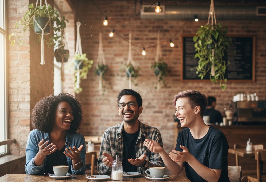 Friends laughing and connecting over coffee at a cozy cafe