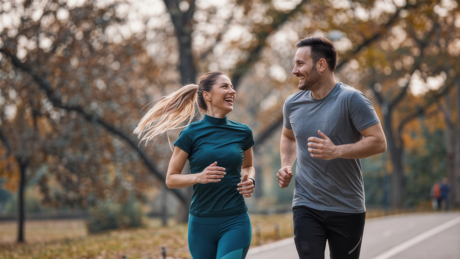 A woman with a blonde ponytail and a man with a short beard laughing as they jog together along a tree-lined park path in autumn