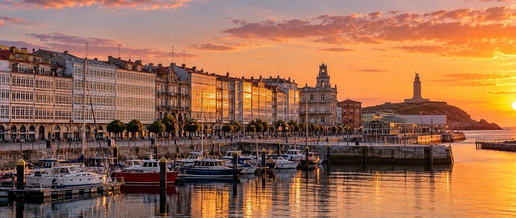 Las galerías blancas de la Marina de A Coruña al atardecer — citas lesbianas en A Coruña