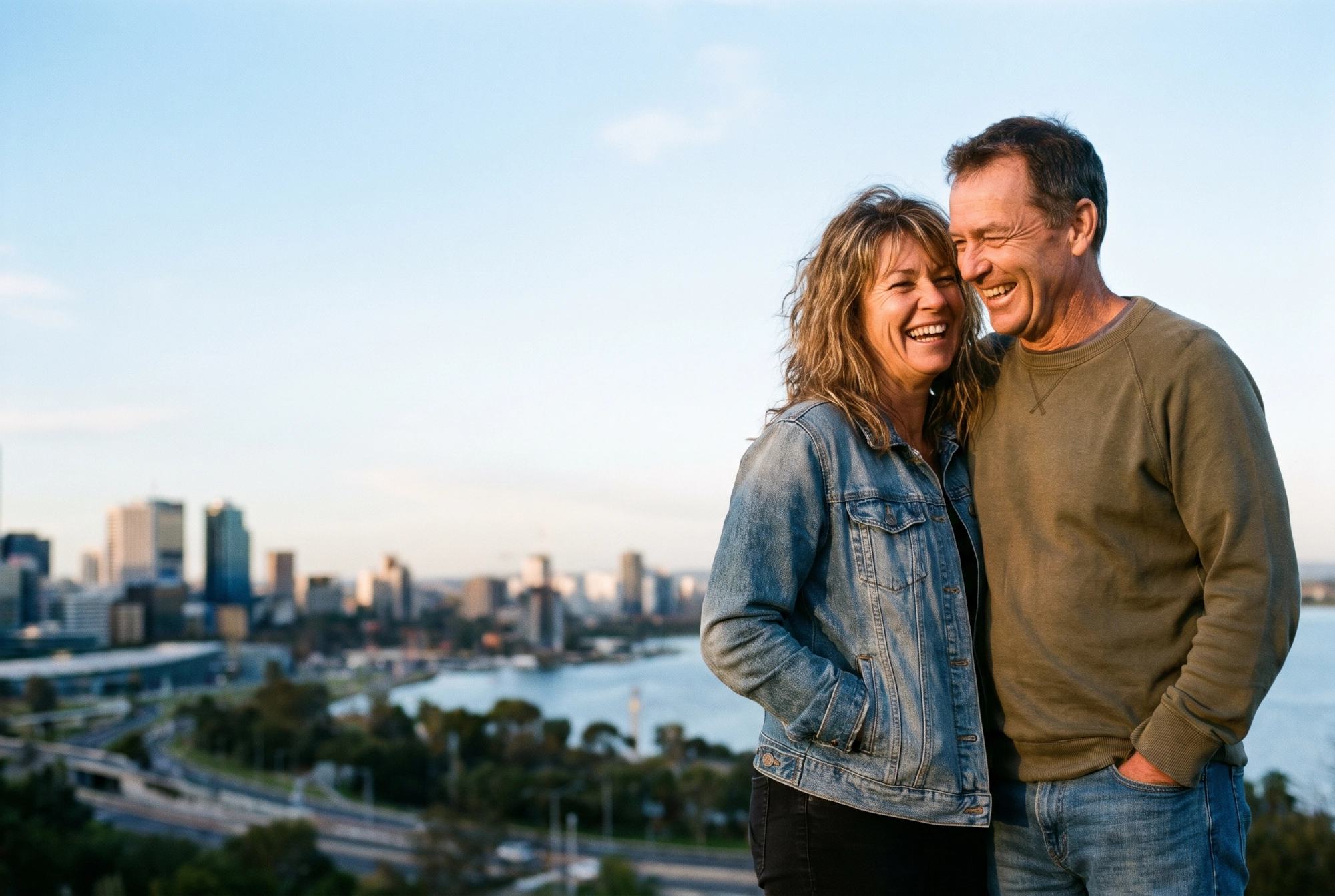 A happy couple laughing together in Kings Park with the Perth skyline and the Swan River behind them