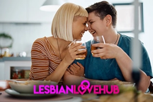 Happy lesbian couple enjoying a romantic first date after meeting on Lesbian Love Hub.