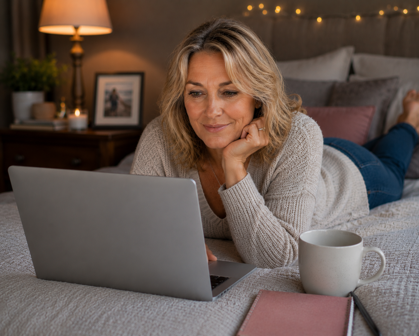 A woman lies on her bed at night with a laptop open in front of her, resting her chin on her hand and smiling as she looks at the screen, a mug of tea beside her