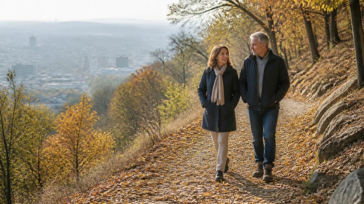A man and woman walking and talking along an autumn woodland path above the city