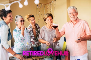 Group of Happy Retired seniors celebrating at a social event on the Retired Love Hub dating app
