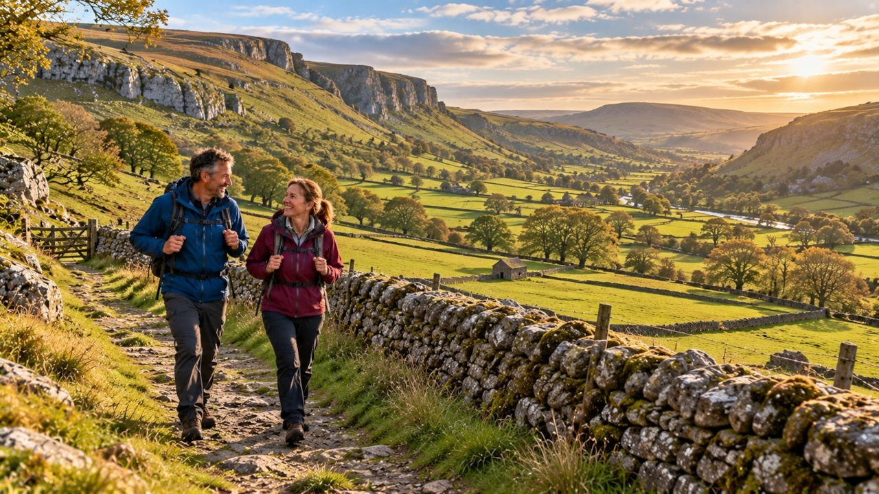 Two walkers on a path beside a dry-stone wall in a green Yorkshire Dales valley