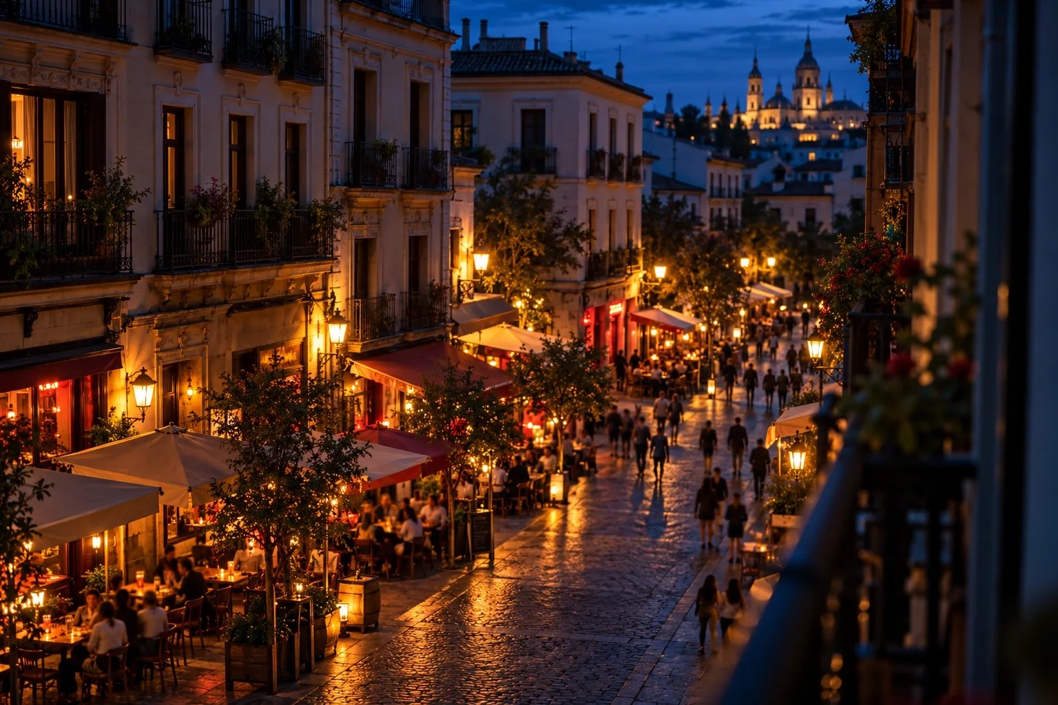 Calle peatonal de bares de una ciudad española a la hora azul, con terrazas iluminadas y gente paseando, vista desde arriba