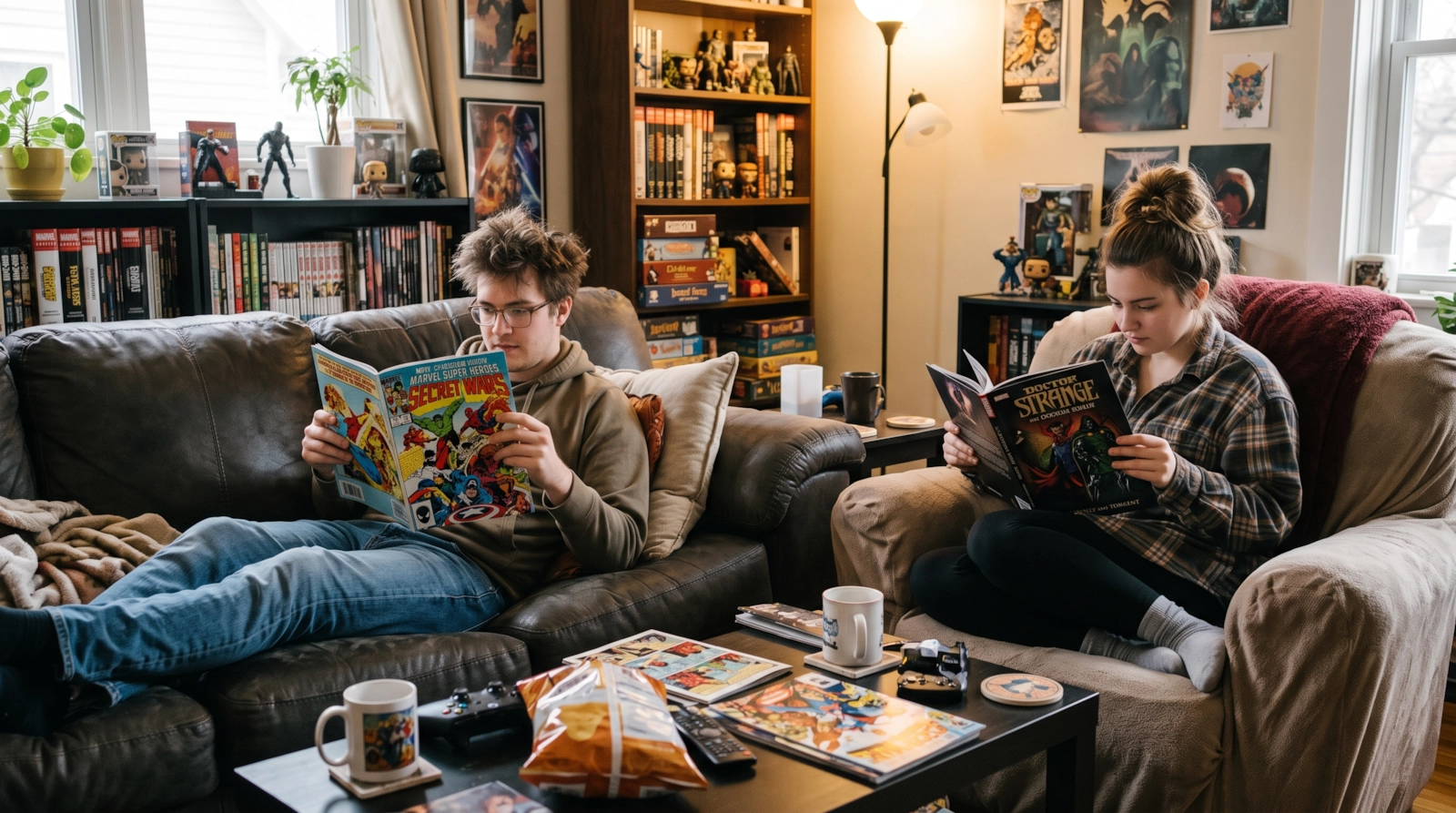 Two people reading comics on sofas with snacks on the table