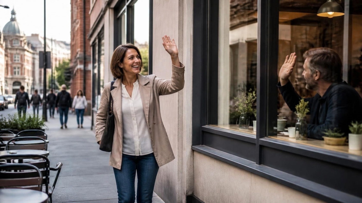 A woman waving hello as she arrives at a busy café