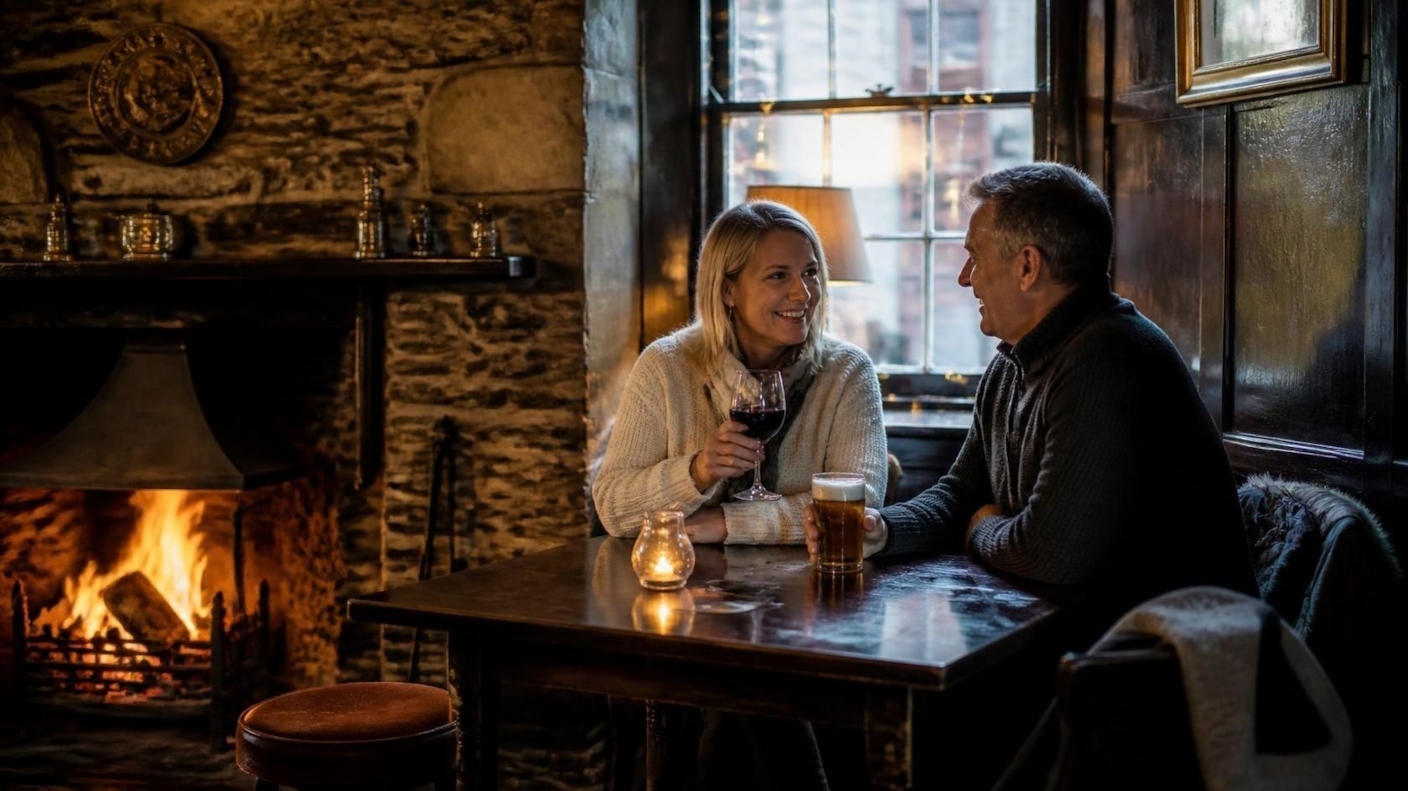 A couple sharing a drink by a log fire in a stone walled pub