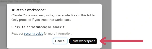 A dialog reading Trust this workspace, with Cancel and Trust workspace buttons.