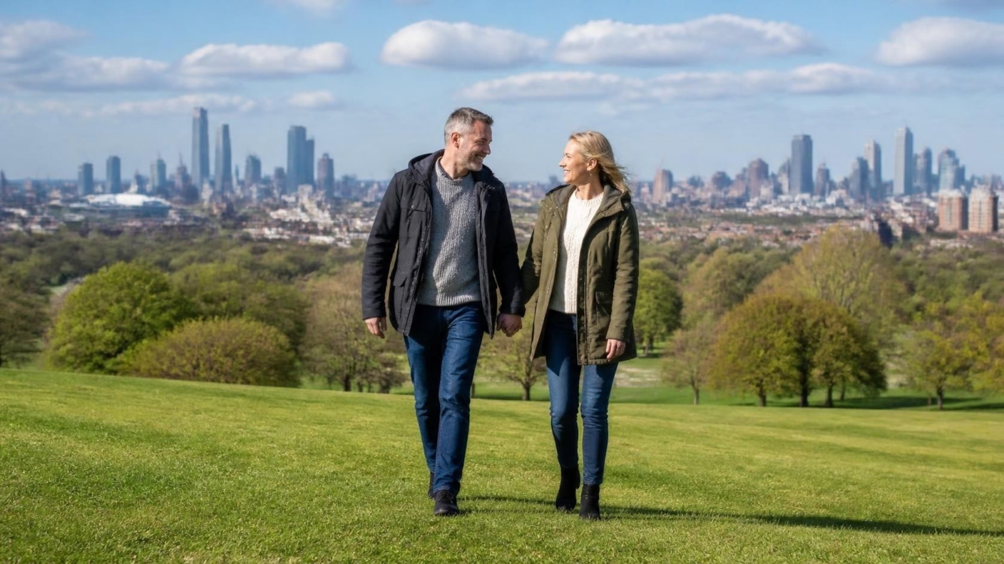 A couple walking hand in hand across a grassy park hill with the Manchester skyline in the distance