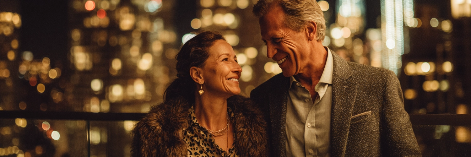 A vibrant couple enjoying a scenic view of San Francisco while connecting and laughing together, representing the exciting world of over 50s dating.