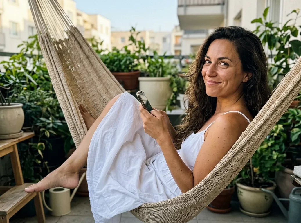 A woman with long wavy dark hair and a white sundress lounges barefoot in a woven hammock on a sunny balcony full of plants, holding her phone and smiling at the camera (AI-generated image)