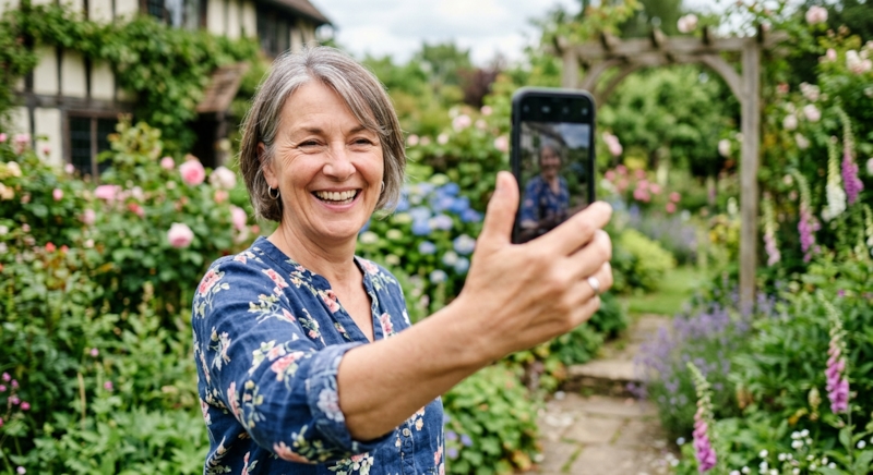 A woman taking a natural, confident selfie in a garden setting for a dating profile