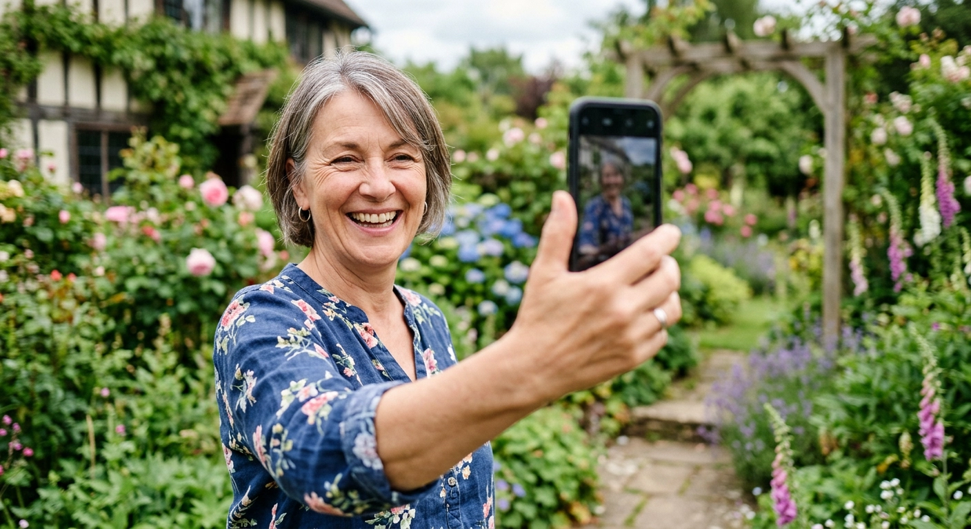 A smiling woman taking a selfie on her phone in a flower garden