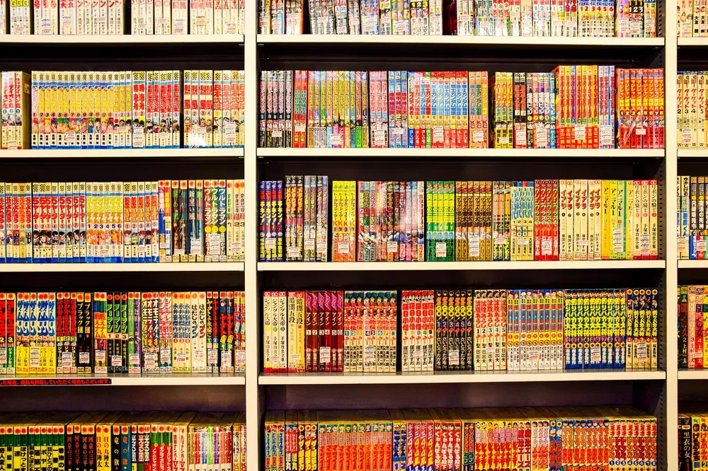 Shelves of manga volumes, illustrative photography