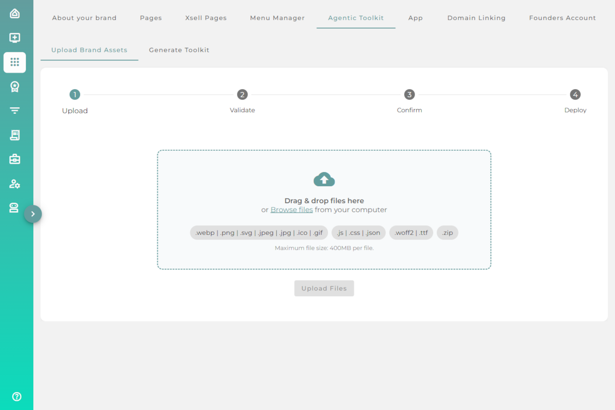 The Agentic Toolkit tab showing the Upload Brand Assets and Generate Toolkit sub-tabs with the ZIP upload wizard.